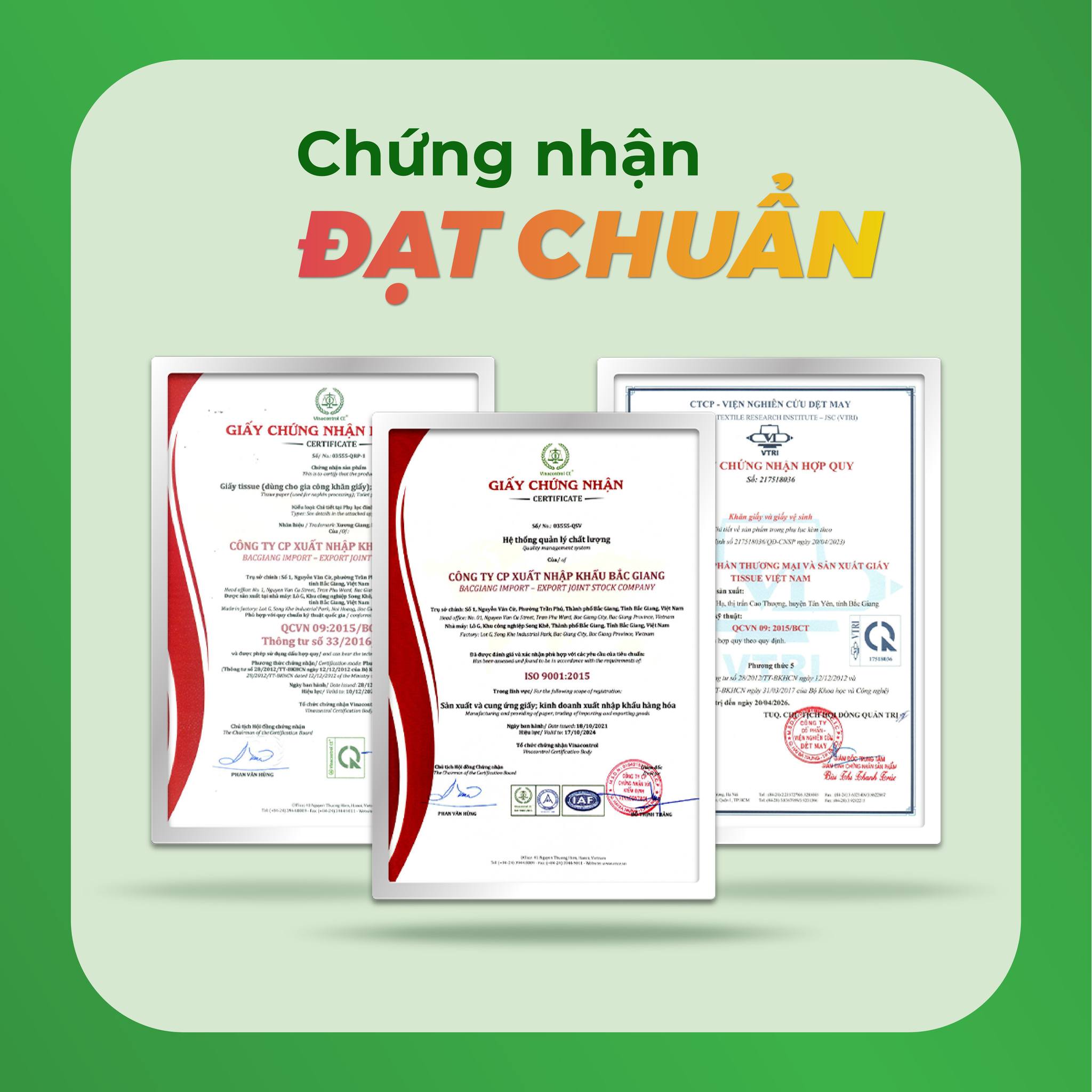 Giấy chứng nhận khăn giấy ăn đạt chuẩn