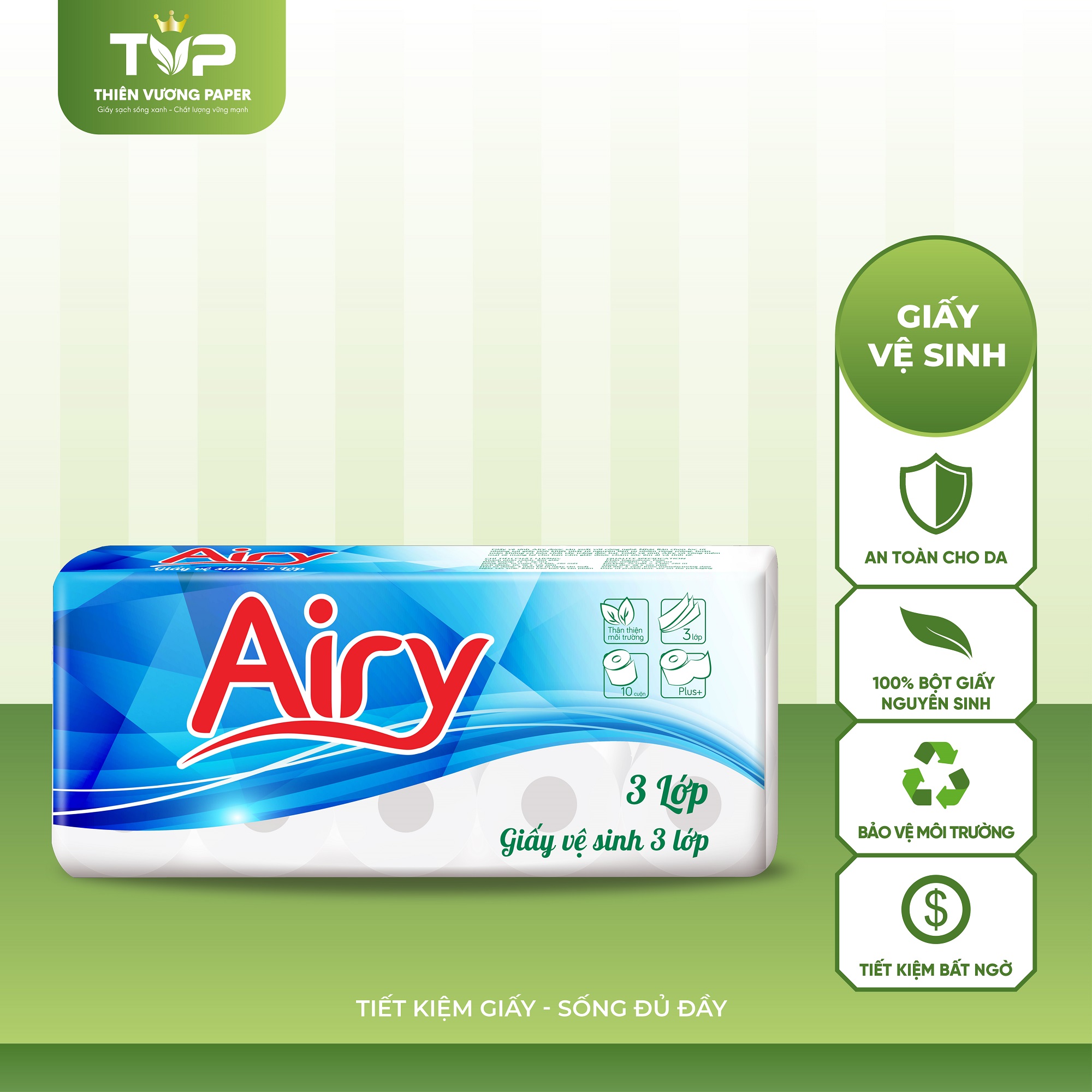 Giấy vệ sinh Airy 10 cuộn 3 lớp có lõi