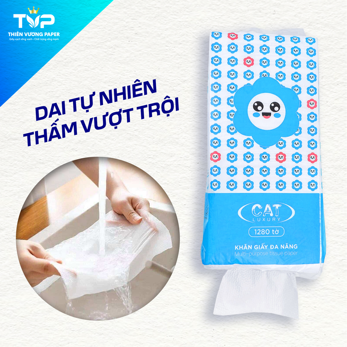 Khăn giấy rút treo tường Cat Luxury có độ dai tự nhiên, thấm vượt trội