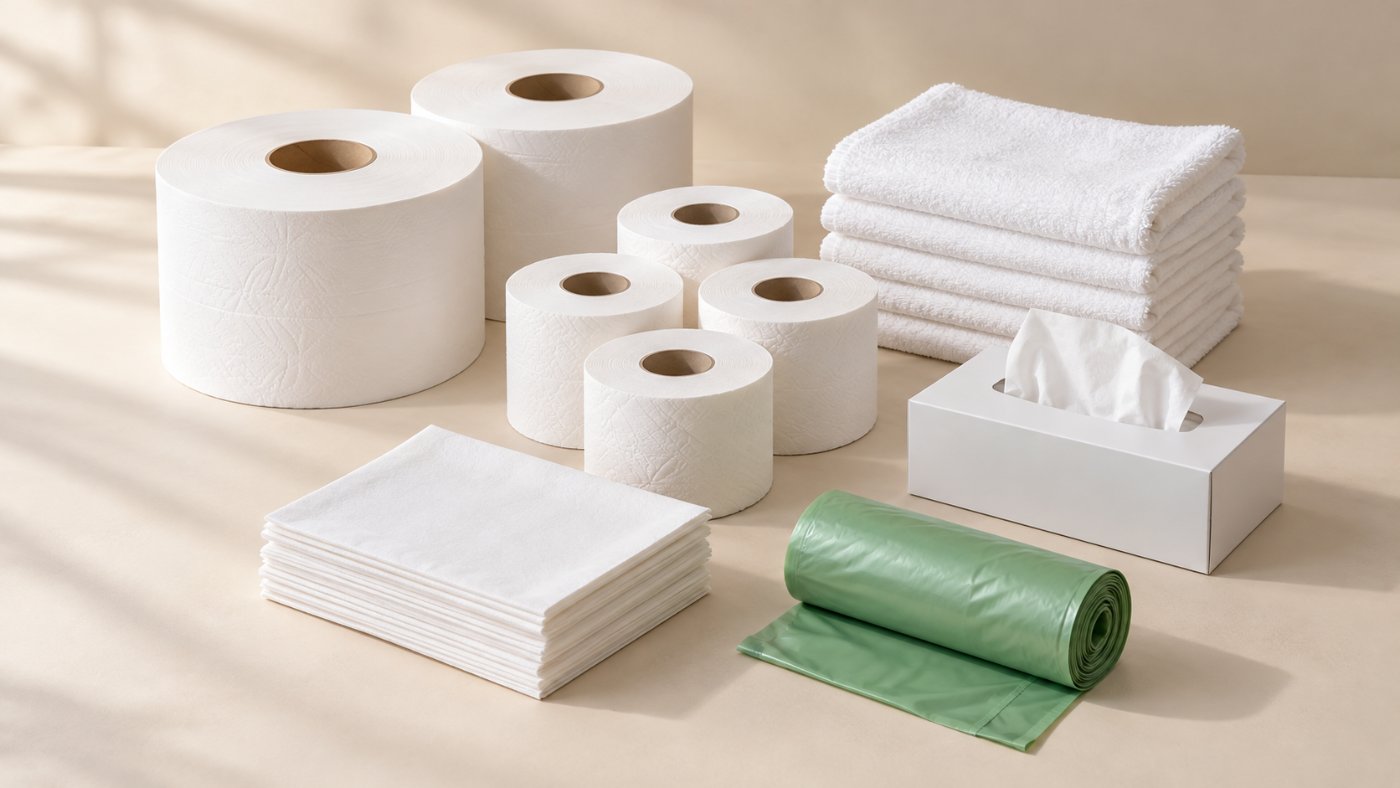Bộ vật tư giấy cho khách sạn: giấy cuộn lớn, khăn lau tay, napkin, túi rác