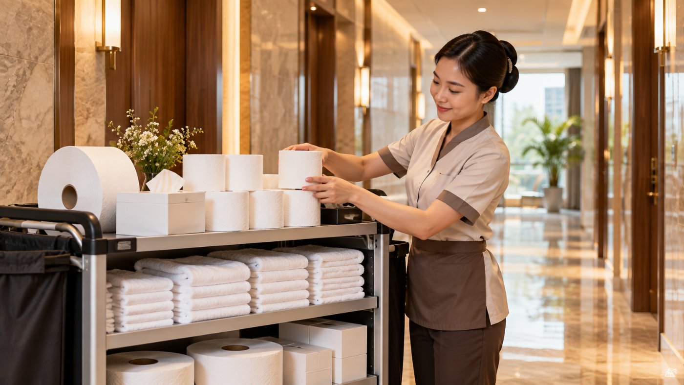 Nhân viên buồng phòng sắp xếp giấy vệ sinh và khăn giấy trên xe đẩy