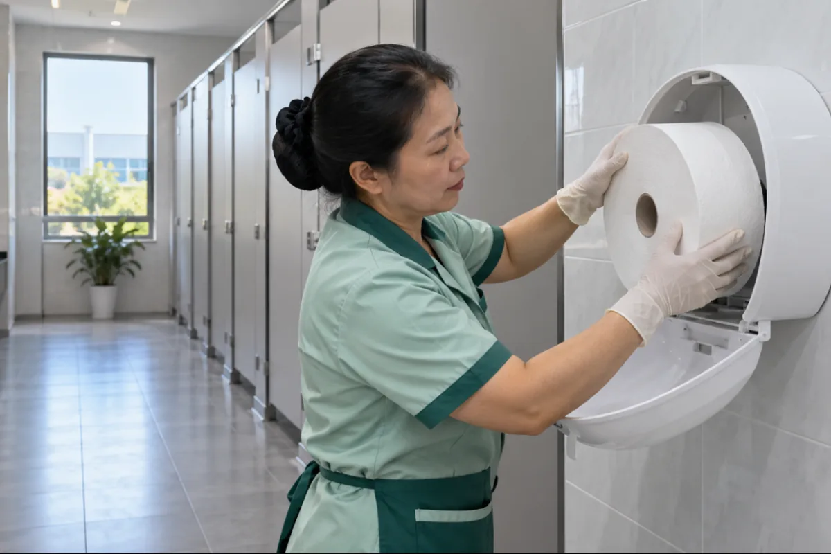 Nhân viên tạp vụ thay giấy vệ sinh cuộn lớn vào hộp đựng tại nhà vệ sinh nhà máy