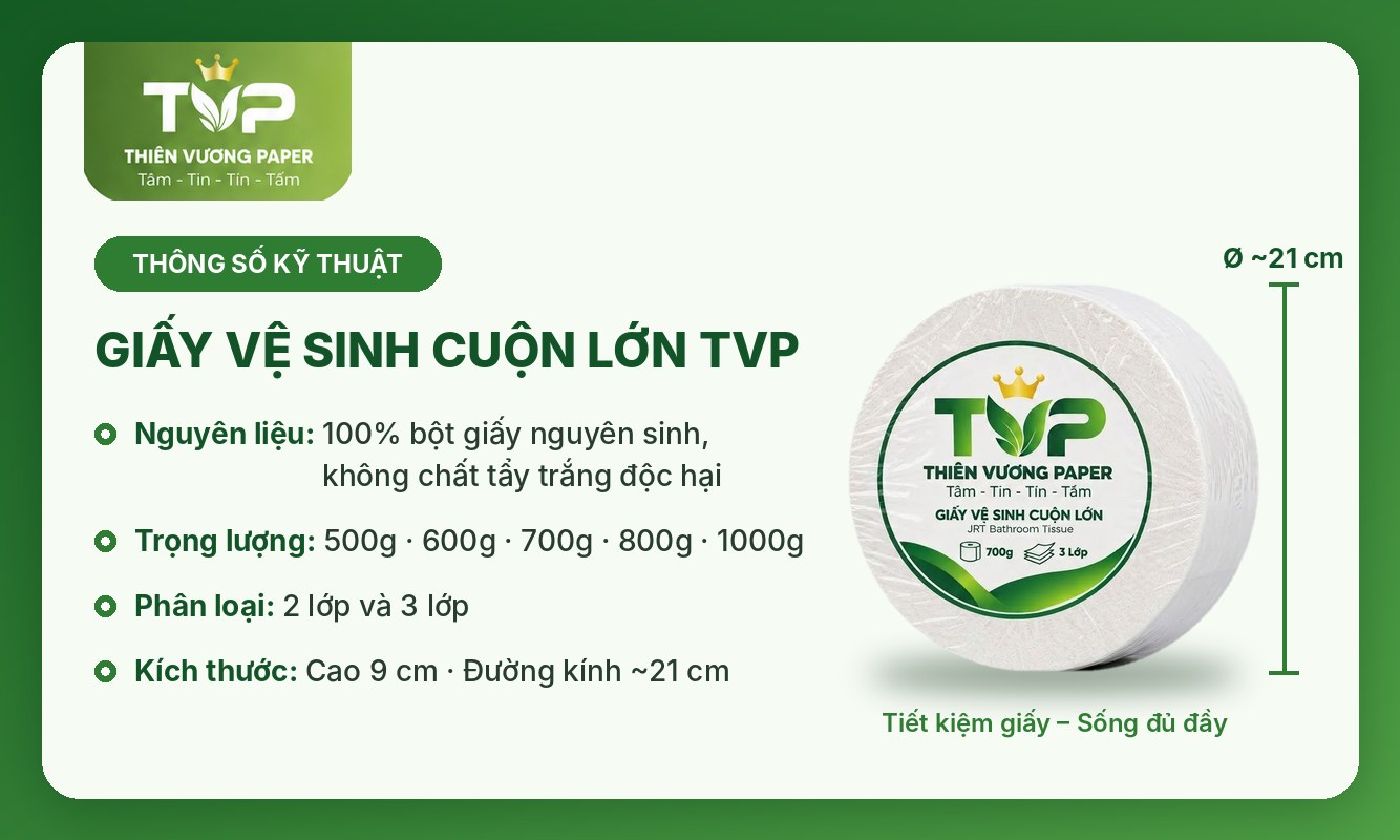 Thông số giấy vệ sinh cuộn lớn 3 lớp TVP: 100% bột giấy nguyên sinh, đường kính ~21 cm