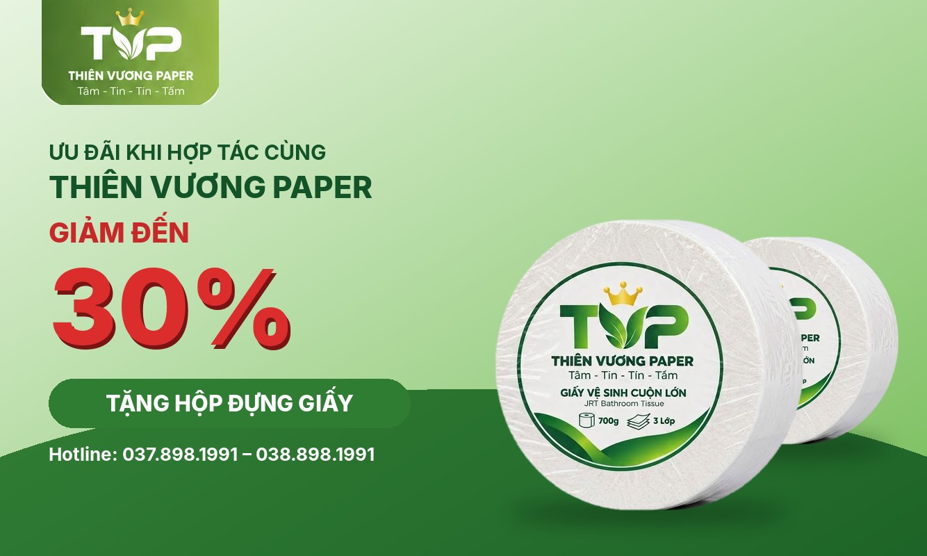 Ưu đãi giấy vệ sinh cuộn lớn 3 lớp TVP tại Thiên Vương Paper: giảm đến 30%, tặng hộp đựng giấy